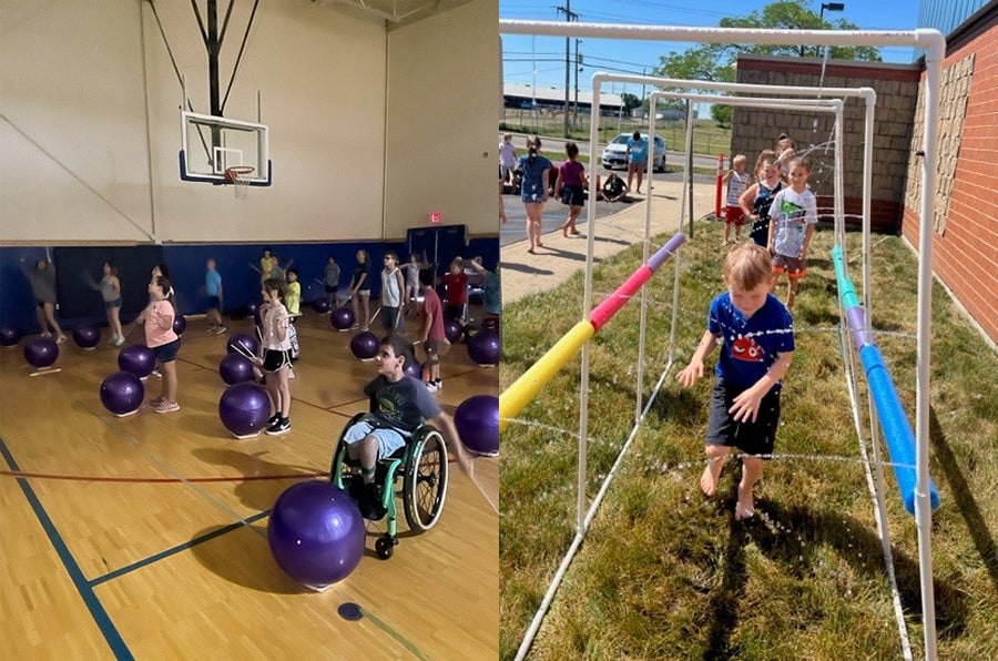 Kids playing in gym and outside in water during BYC camp