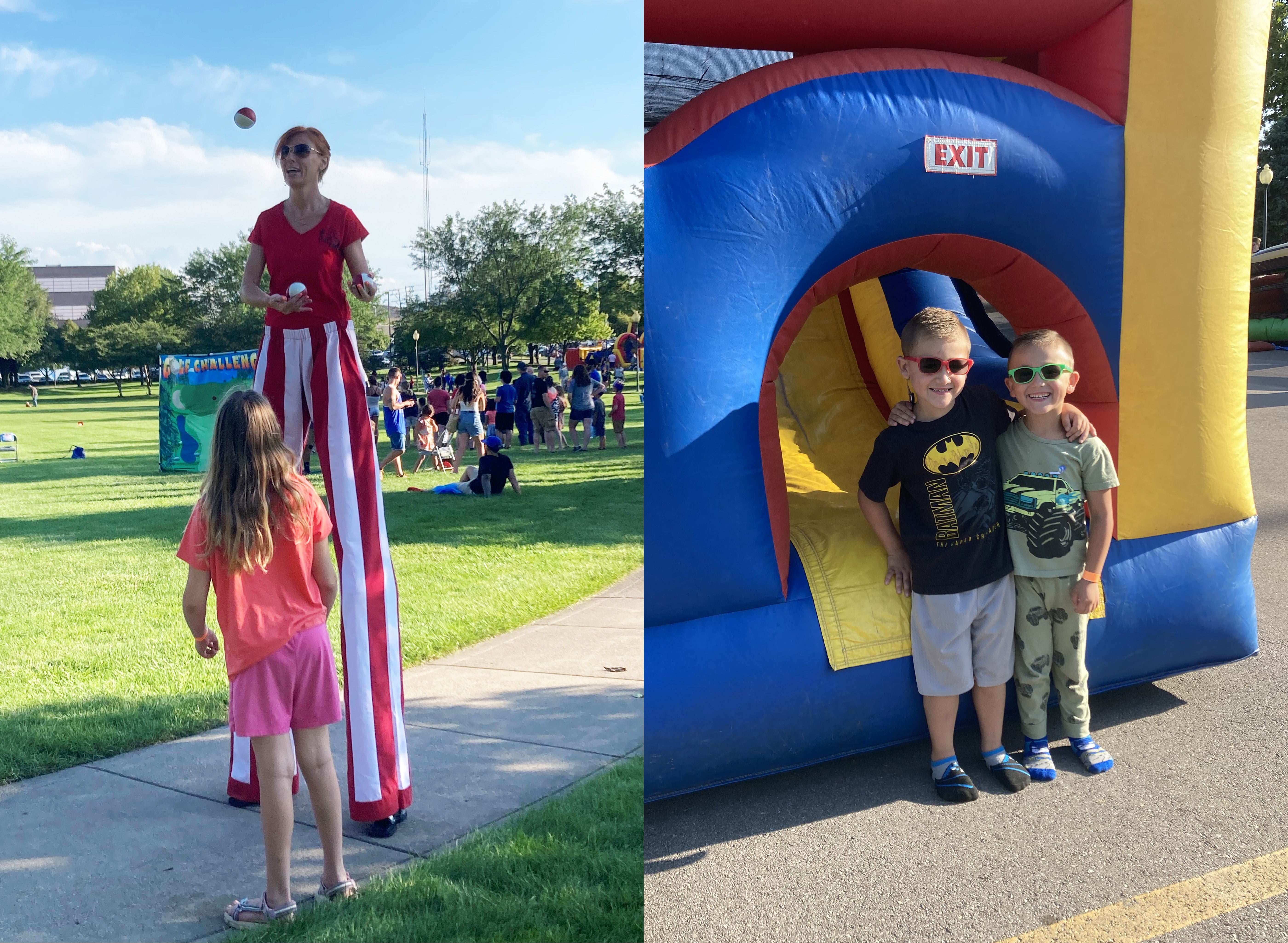 2022 Warsaw Family Carnival photos of stilt walker and bounce house